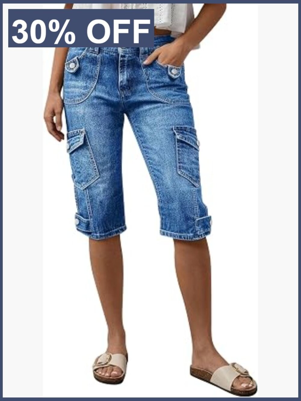 Mid Rise Straight Leg Capri Cargo Jeans with Flap Pockets